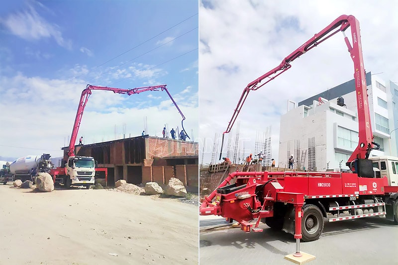 Truk bom beton yang dipasang truk HMC5030 mengirim beton untuk bangunan kecil.