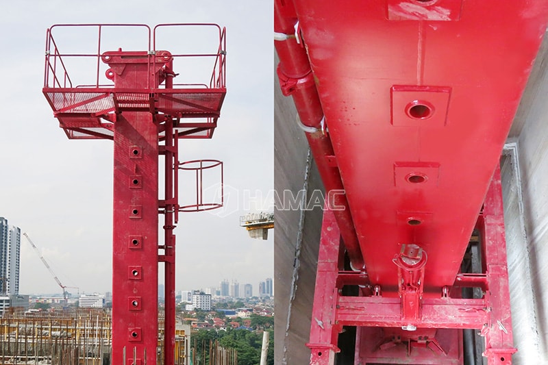 Self-climbing concrete placing boom is fixed in the elevator shaft